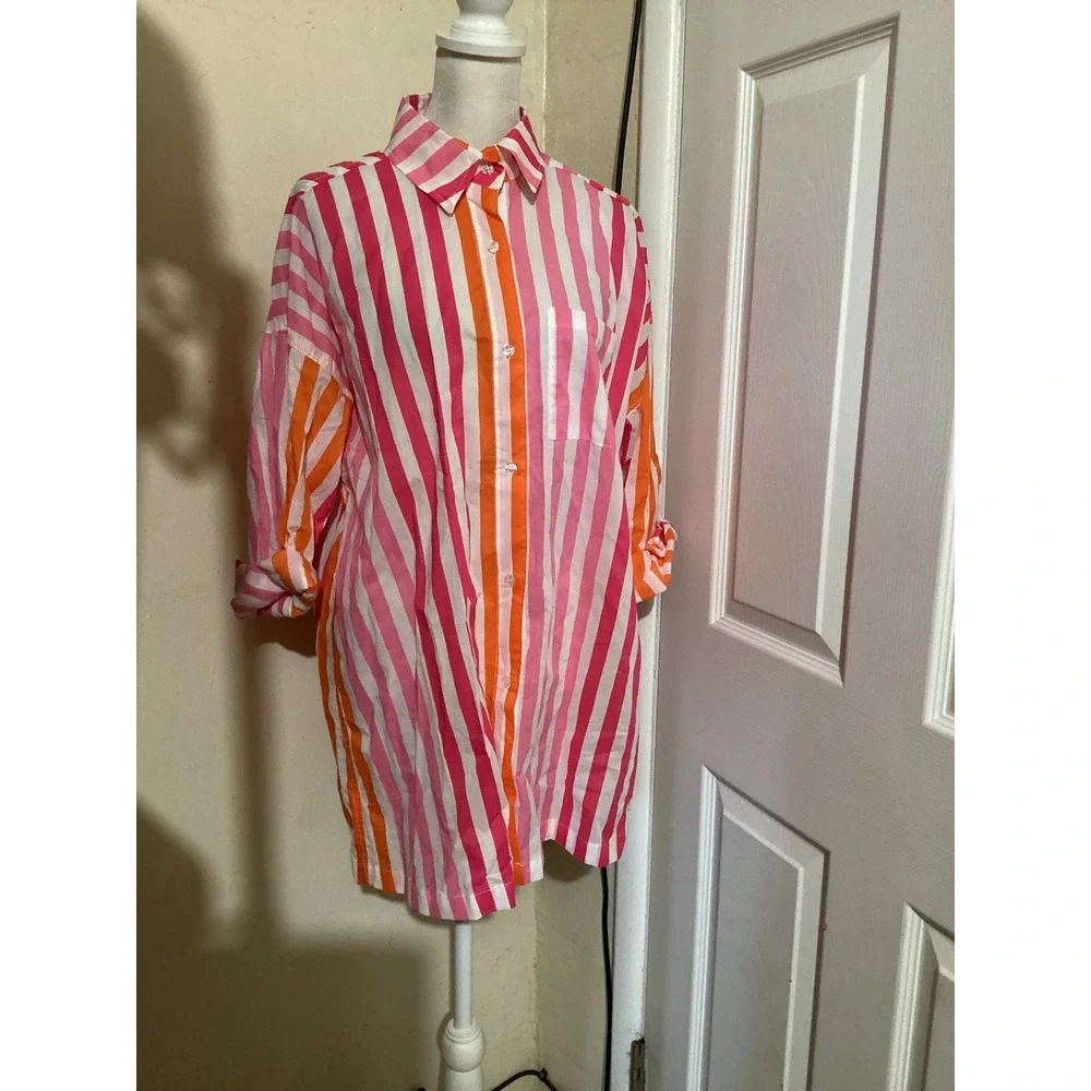 Beach Riot NWOT Pink Orange Striped Oversized Button Down Shirt Cover Up S/M